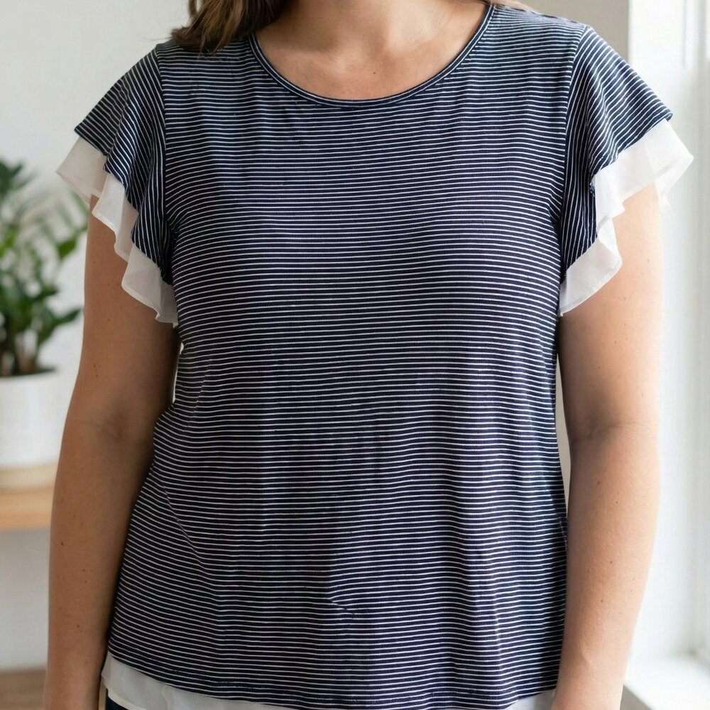Maison Jules Navy & White Striped Flutter Sleeve Top with Chiffon Ruffle Trim